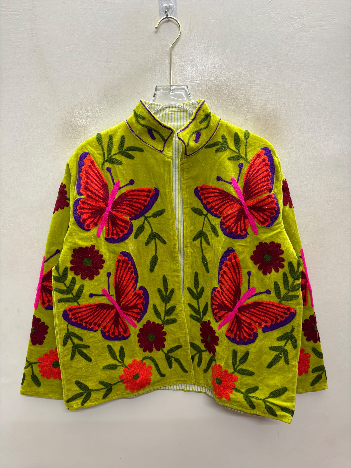 The Titli Chaman — Suzani Hand-Embroidered Velvet Jacket — Chartreuse Green with Crimson Butterflies & Garnet Florals