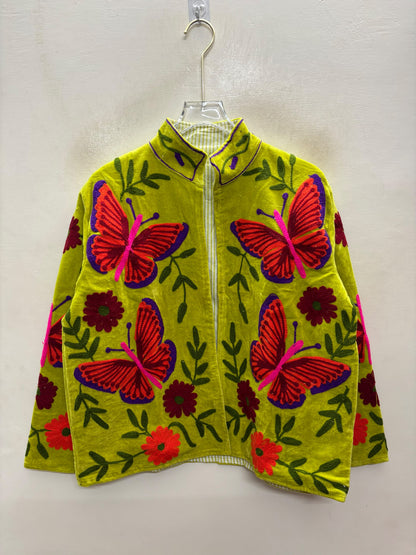 The Titli Chaman — Suzani Hand-Embroidered Velvet Jacket — Chartreuse Green with Crimson Butterflies & Garnet Florals