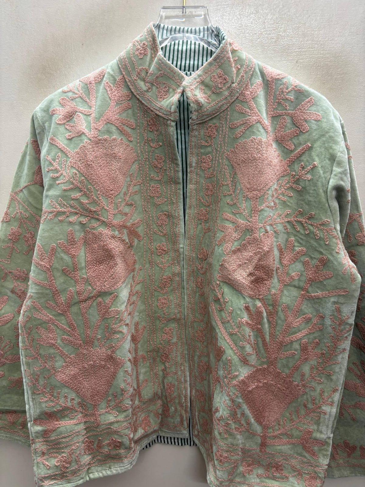 The Nasreen Orchard — Suzani Hand-Embroidered Velvet Jacket — Sage Green with Dusty Rose Florals