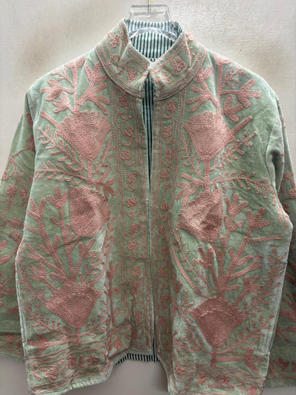 The Nasreen Orchard — Suzani Hand-Embroidered Velvet Jacket — Sage Green with Dusty Rose Florals