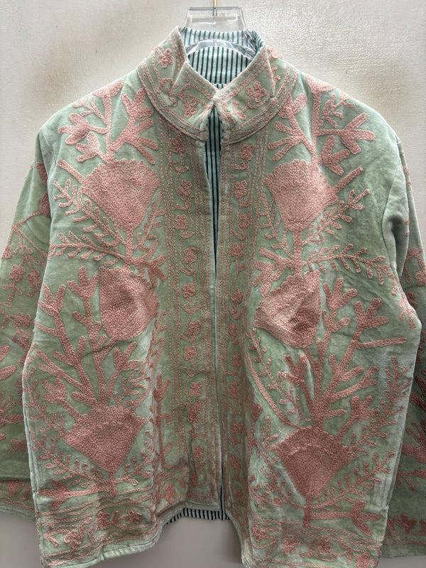 The Nasreen Orchard — Suzani Hand-Embroidered Velvet Jacket — Sage Green with Dusty Rose Florals
