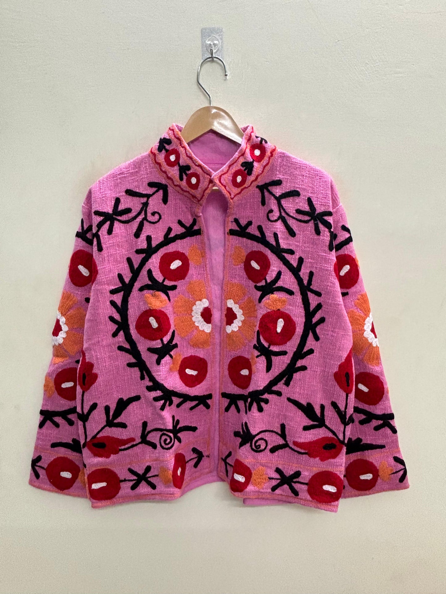 The Anaar Bagh — Suzani Embroidered Cotton Jacket — Blush Pink with Crimson Florals