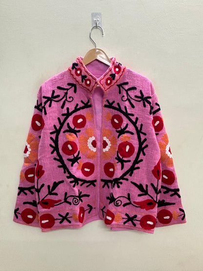 The Anaar Bagh — Suzani Embroidered Cotton Jacket — Blush Pink with Crimson Florals