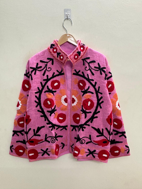 The Anaar Bagh — Suzani Embroidered Cotton Jacket — Blush Pink with Crimson Florals