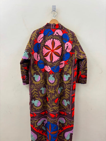 The Samarkand Bloom — Suzani Hand-Embroidered Cotton Kimono — Aubergine with Cobalt & Coral Florals
