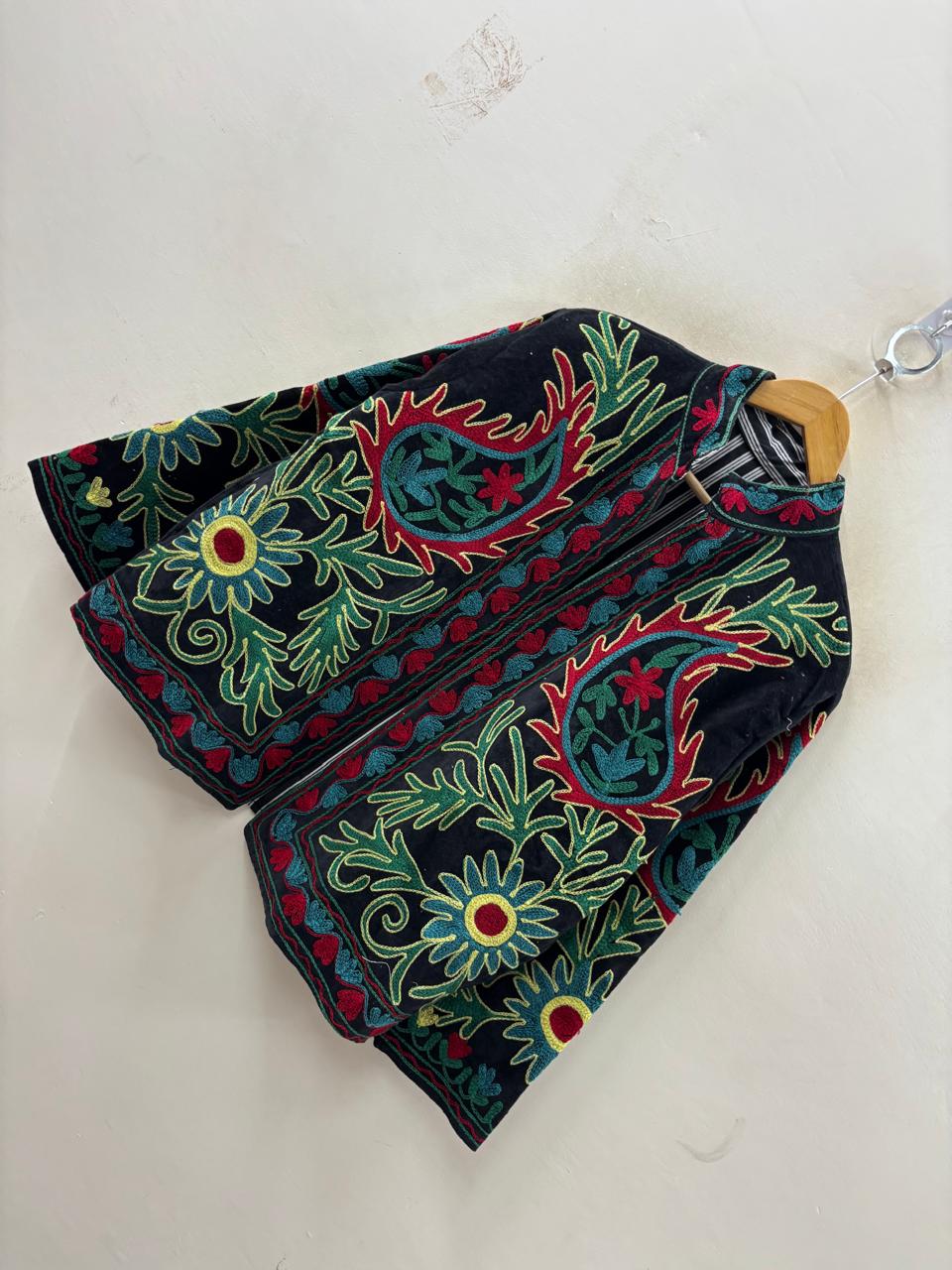 The Samarkand Garden — Suzani Hand-Embroidered Velvet Jacket — Midnight Black