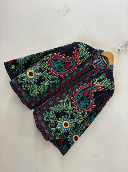 The Samarkand Garden — Suzani Hand-Embroidered Velvet Jacket — Midnight Black