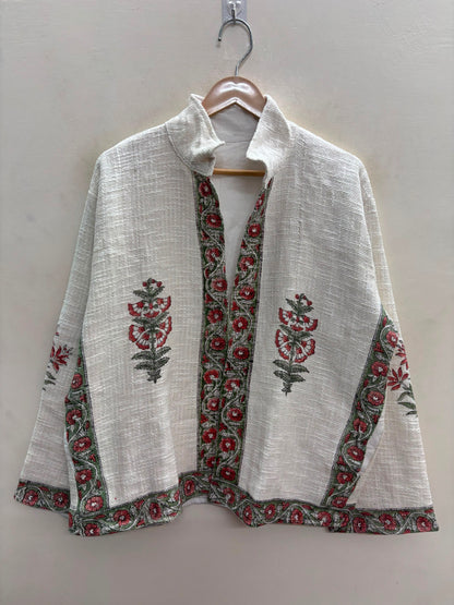 The Bagh-e-Gulab — Hand-Embroidered Cotton Jacket — Ivory with Rust Red & Sage Floral Trims