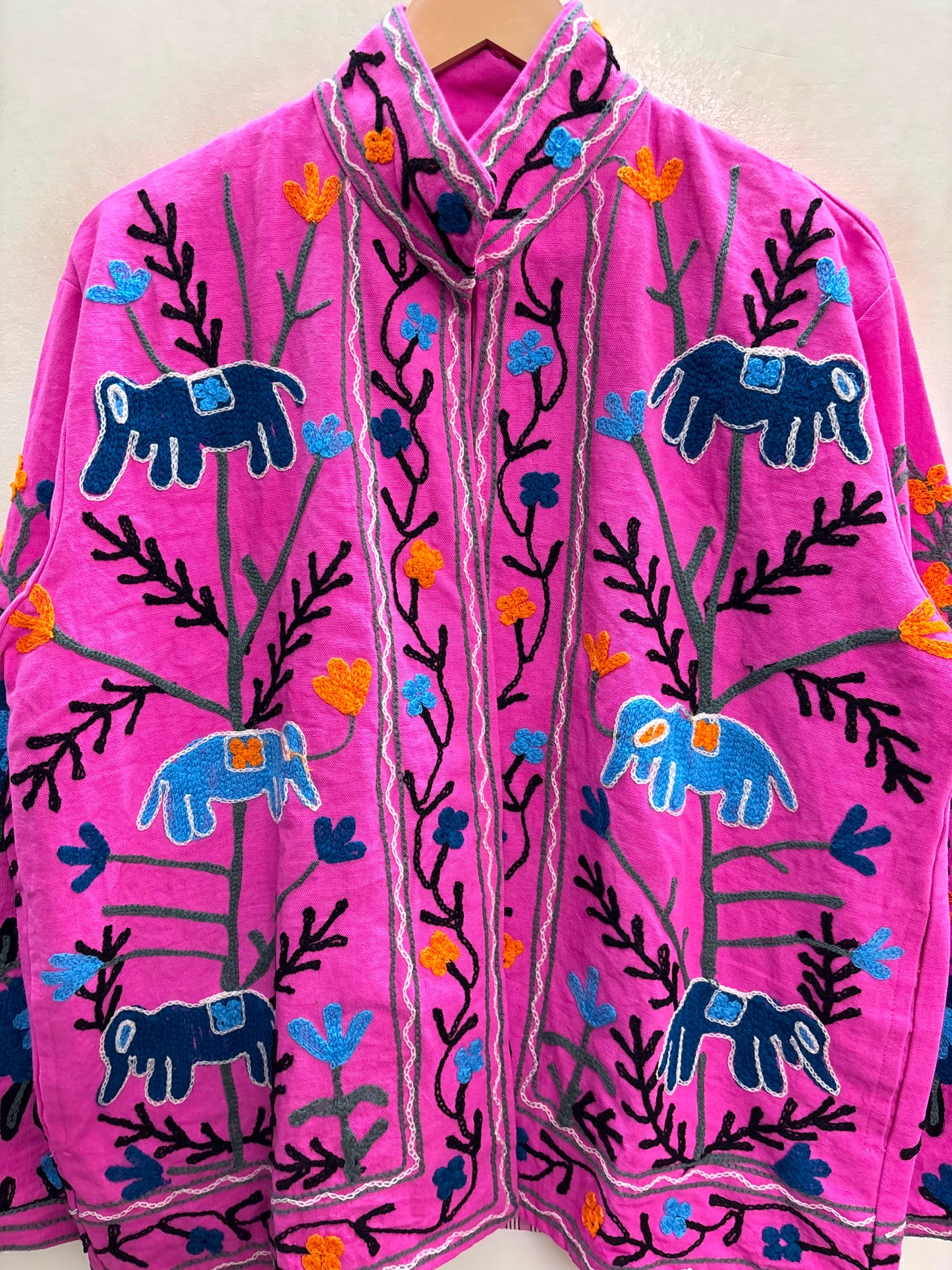 The Fuchsia Elephant Trail — Suzani Hand-Embroidered Cotton Jacket — Magenta Pink with Indigo Blue & Marigold Orange