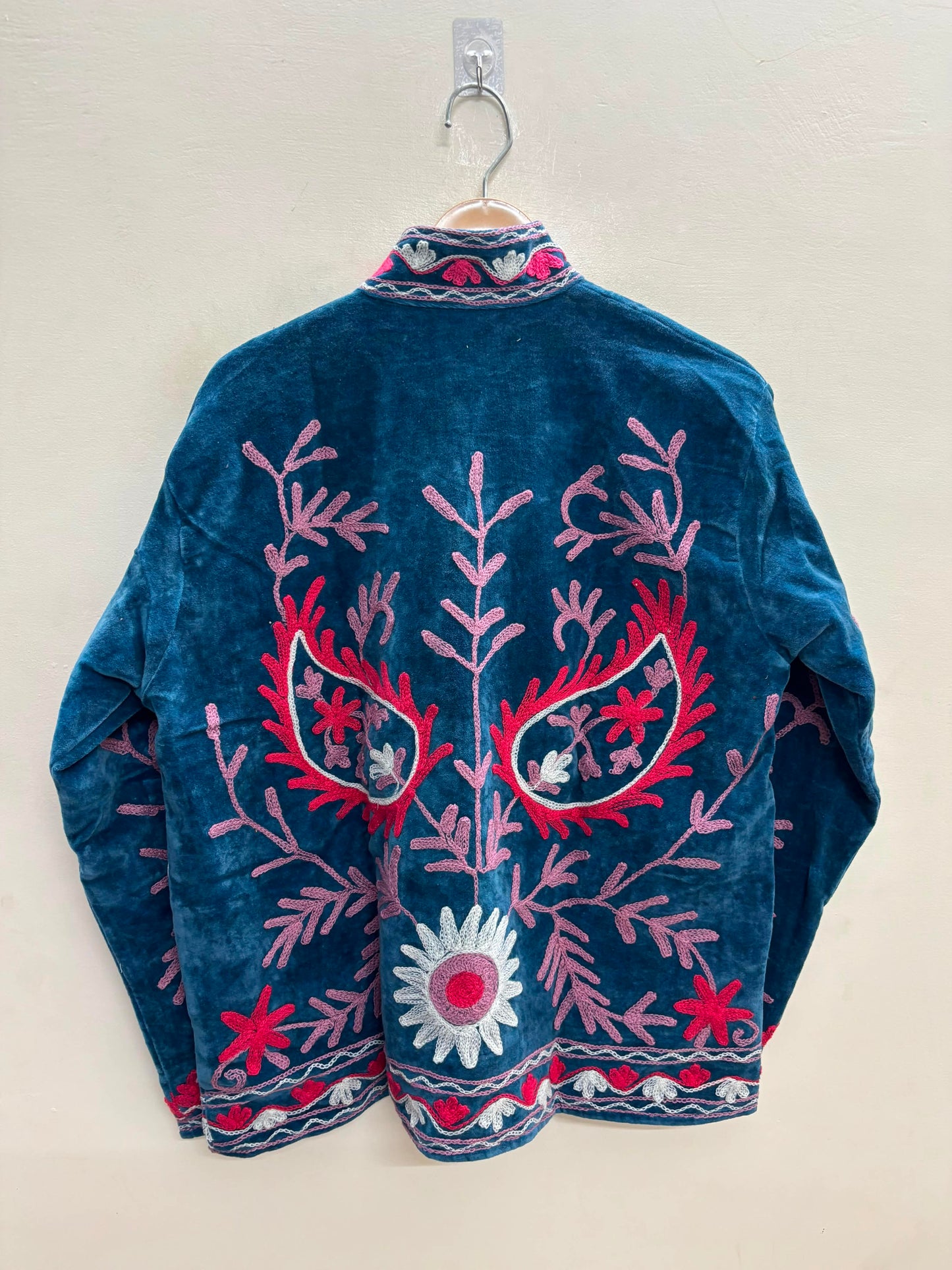 The Samarkand Nights — Suzani Embroidered Velvet Jacket — Denim Blue with Raspberry & Lilac Bloom