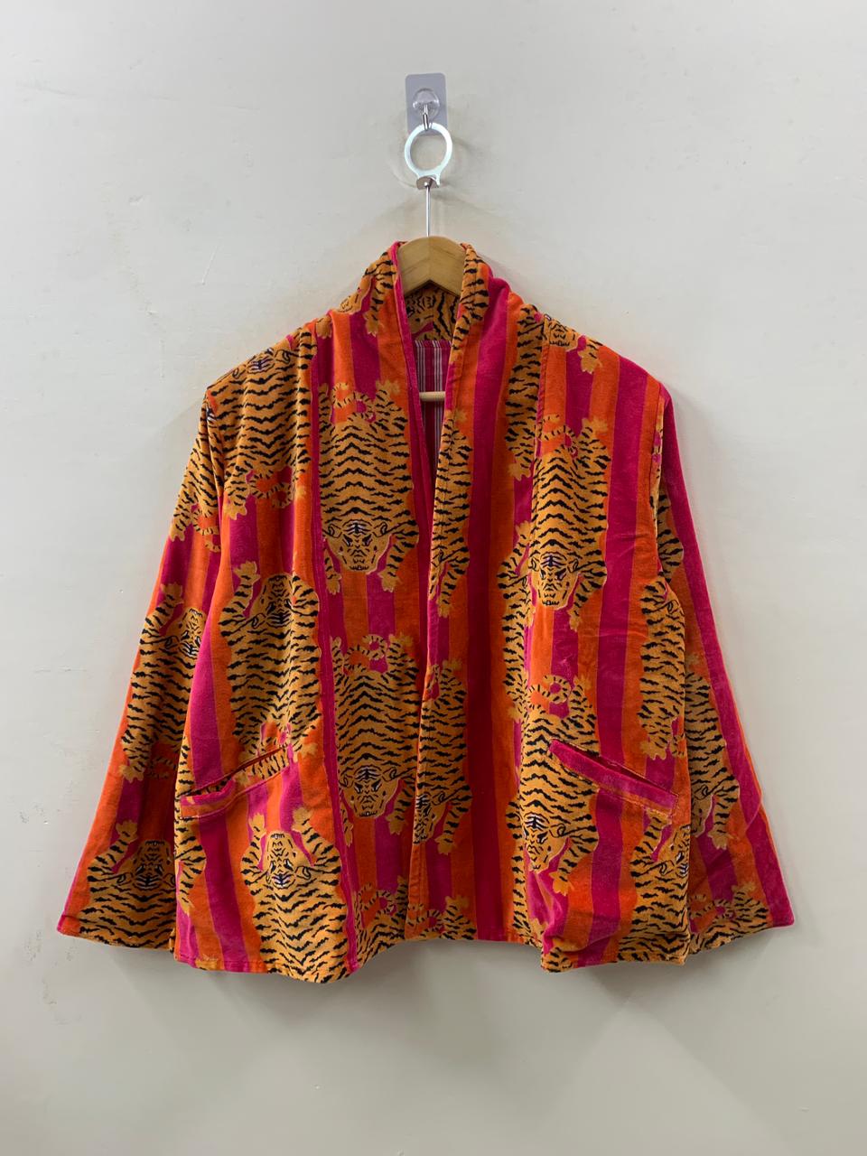The Tiger Durbar — Velvet Printed Jacket — Saffron, Crimson & Magenta Stripe - Default Title - Zoshak Jacket