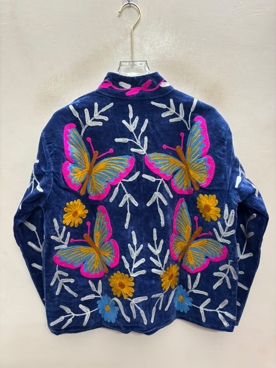 The Parwana Raat — Suzani Hand-Embroidered Velvet Jacket — Midnight Navy with Marigold & Fuchsia Butterflies