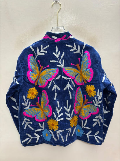 The Parwana Raat — Suzani Hand-Embroidered Velvet Jacket — Midnight Navy with Marigold & Fuchsia Butterflies