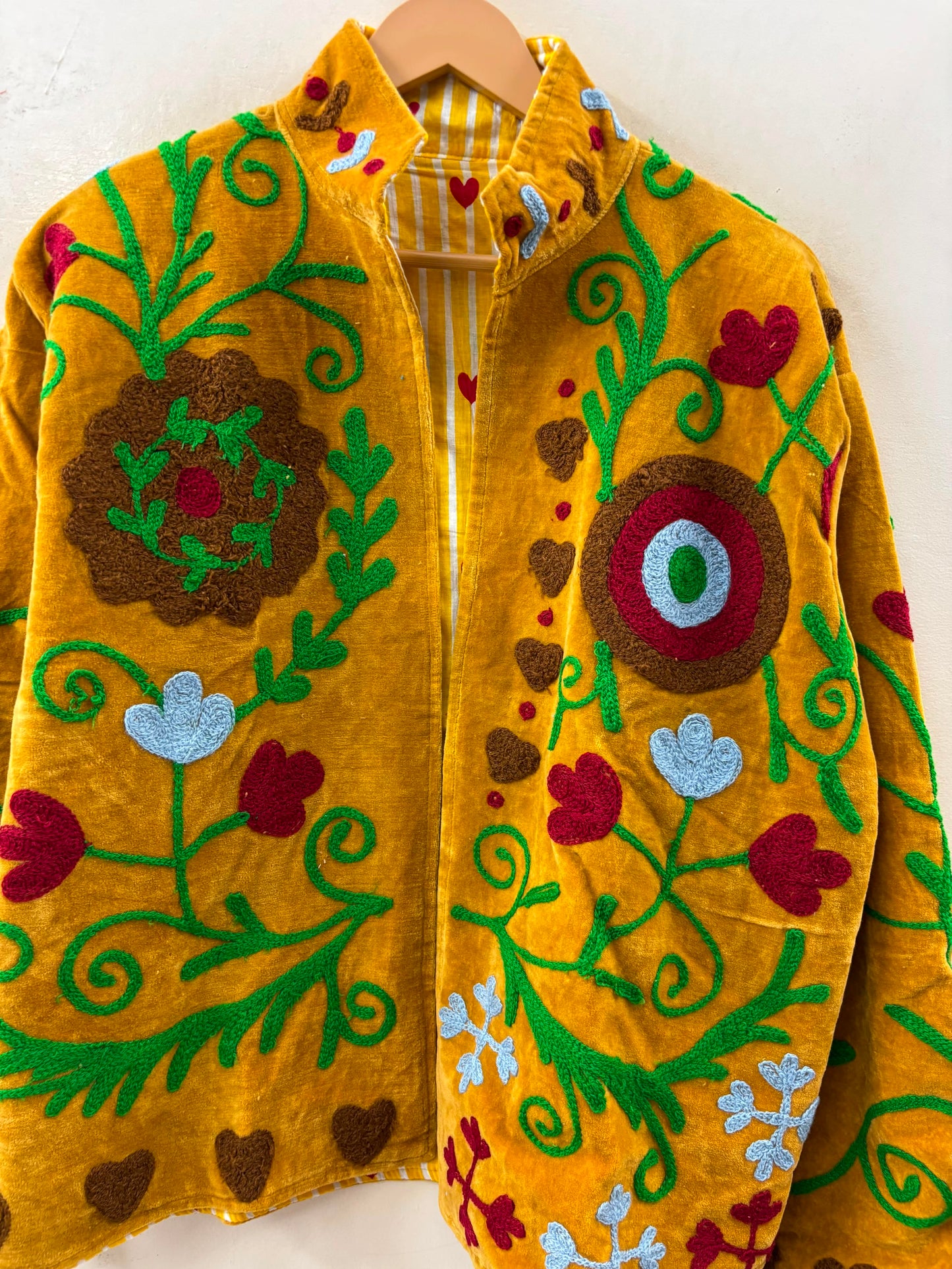 The Marigold Suzani — Hand-Embroidered Velvet Jacket — Turmeric Gold with Vine & Medallion Motifs