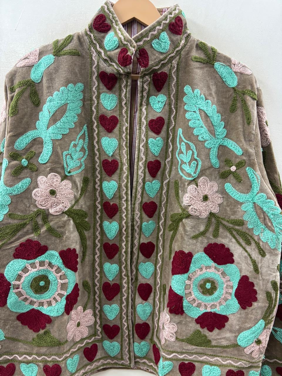 The Heart Garden — Suzani Hand-Embroidered Velvet Jacket | Dusty Taupe, Turquoise & Burgundy