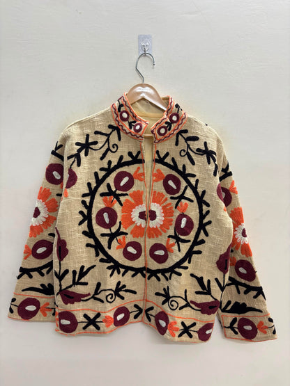 The Anaar Bagh — Suzani Embroidered Cotton Jacket — Ivory with Maroon & Marigold Blooms