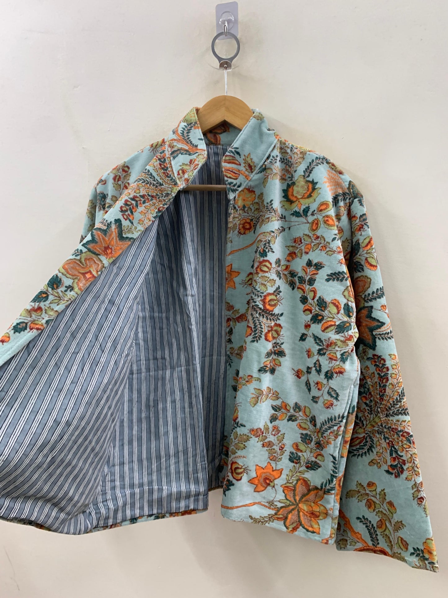 The Mughal Garden — Block-Printed Quilted Velvet Jacket — Dusty Aqua & Autumn Bloom - Default Title - Zoshak Jacket
