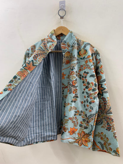 The Mughal Garden — Block-Printed Quilted Velvet Jacket — Dusty Aqua & Autumn Bloom - Default Title - Zoshak Jacket