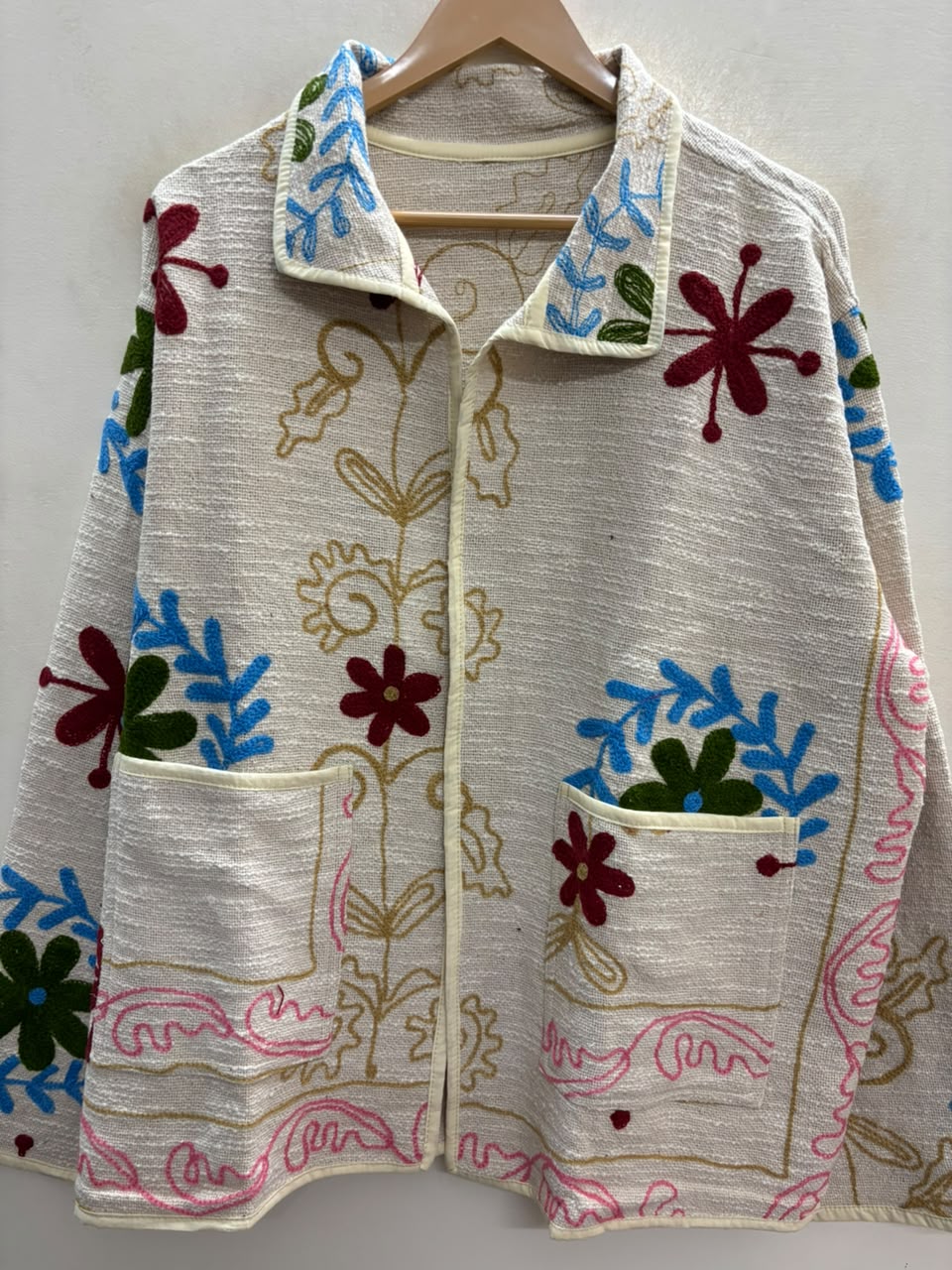 The Baghicha Bloom — Suzani Hand-Embroidered Cotton Jacket — Ivory with Cranberry, Sage & Sky Blue