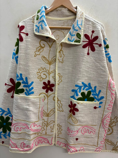 The Baghicha Bloom — Suzani Hand-Embroidered Cotton Jacket — Ivory with Cranberry, Sage & Sky Blue