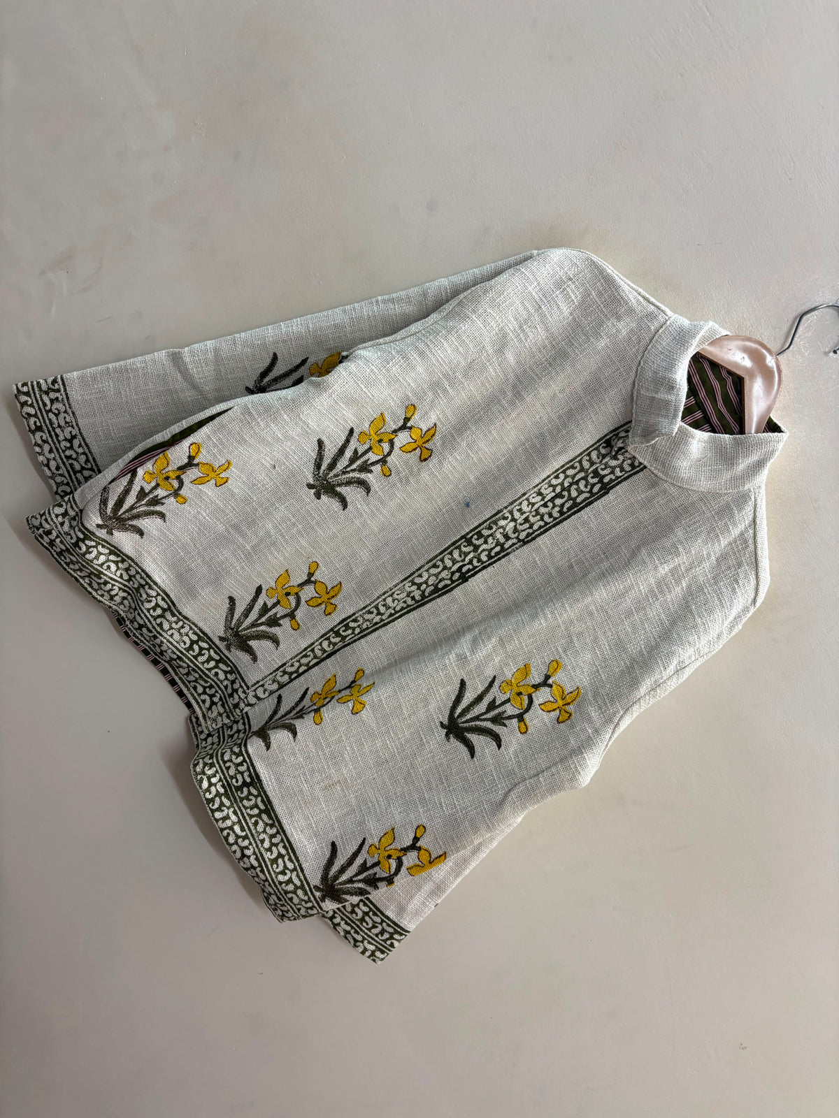The Sarson Bagh — Hand Block-Printed Cotton Jacket — Ivory with Olive & Mustard Floral Motifs