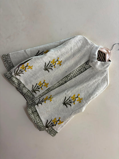 The Sarson Bagh — Hand Block-Printed Cotton Jacket — Ivory with Olive & Mustard Floral Motifs