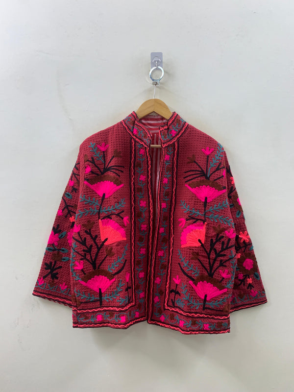 The Berry Suzani — Coral Flame — Hand-Embroidered Waffle Cotton Jacket - Default Title - Zoshak