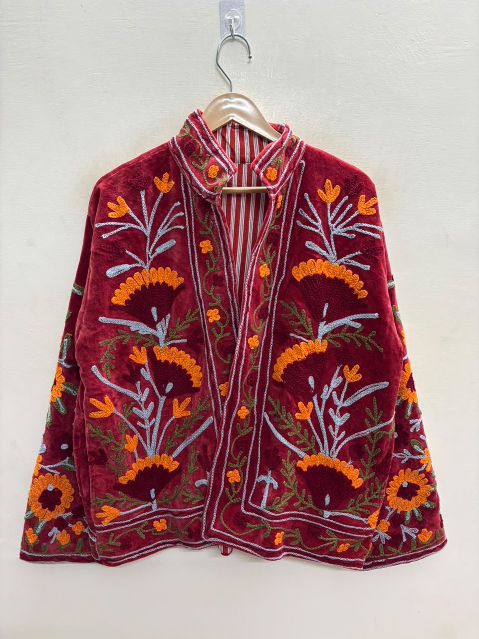 The Marigold Bagh — Suzani Embroidered Velvet Jacket — Deep Maroon with Marigold & Sky Blue Florals