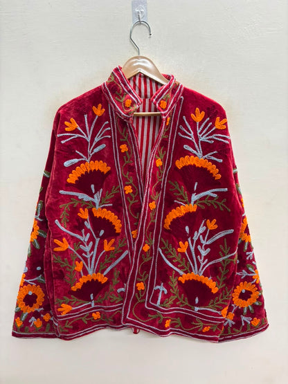 The Marigold Bagh — Suzani Embroidered Velvet Jacket — Deep Maroon with Marigold & Sky Blue Florals