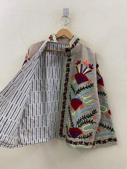 The Garden of Symmetry — Suzani-Inspired Hand-Embroidered Cotton Jacket — Stone Grey - Default Title - Zoshak Jacket