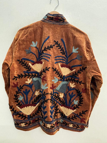 The Marwar Bloom — Suzani Embroidered Velvet Jacket — Rust Amber with Indigo & Ivory Florals