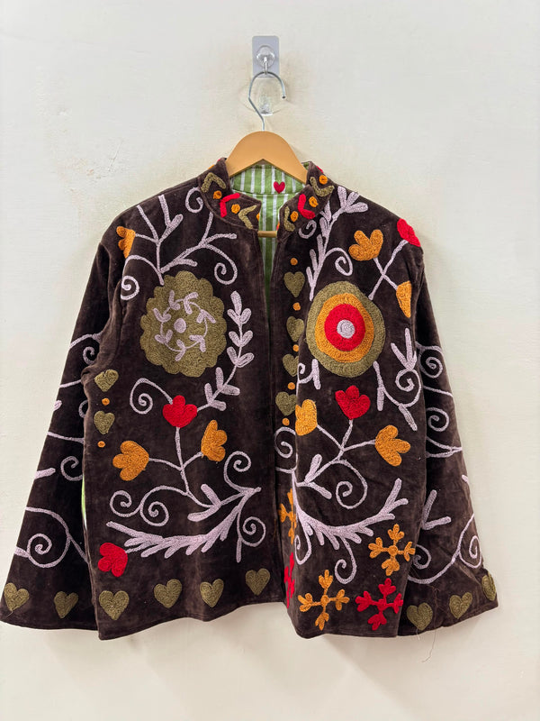 The Anar Baagh — Suzani Embroidered Velvet Jacket — Espresso Brown with Marigold & Ruby Blooms