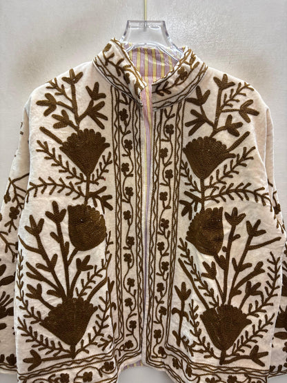 The Zaitoon Bostan — Suzani Hand-Embroidered Velvet Jacket — Ivory with Olive Brown Florals