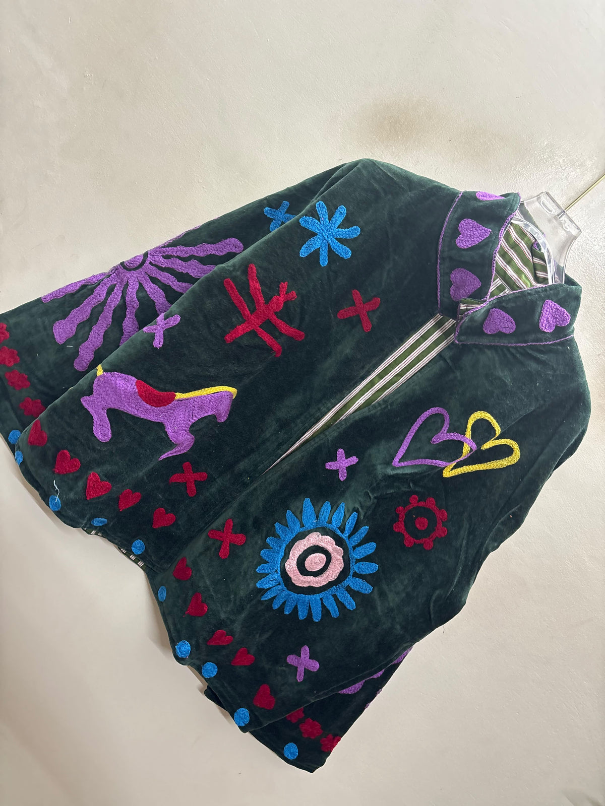 The Ghoda Yatra — Suzani Hand-Embroidered Velvet Jacket — Forest Green with Horse, Heart & Sunburst Motifs
