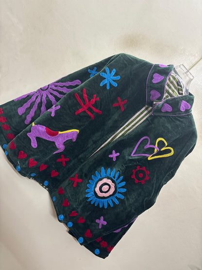 The Ghoda Yatra — Suzani Hand-Embroidered Velvet Jacket — Forest Green with Horse, Heart & Sunburst Motifs