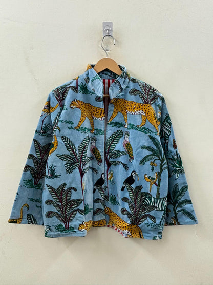 The Jungle Darbar — Block Printed Velvet Jacket — Sky Blue & Ochre - Default Title - Zoshak Jacket