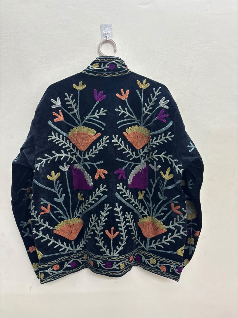 The Midnight Suzani — Hand-Embroidered Velvet Jacket — Ink Black with Marigold, Terracotta & Magenta Blooms