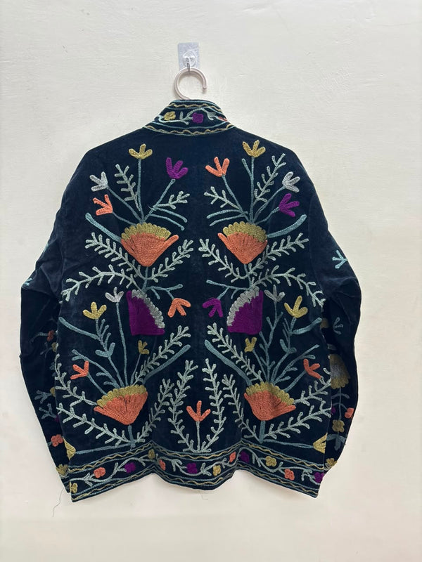 The Midnight Suzani — Hand-Embroidered Velvet Jacket — Ink Black with Marigold, Terracotta & Magenta Blooms