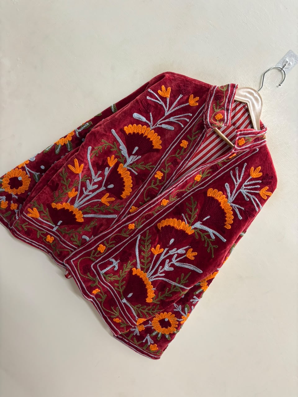 The Marigold Bagh — Suzani Embroidered Velvet Jacket — Deep Maroon with Marigold & Sky Blue Florals
