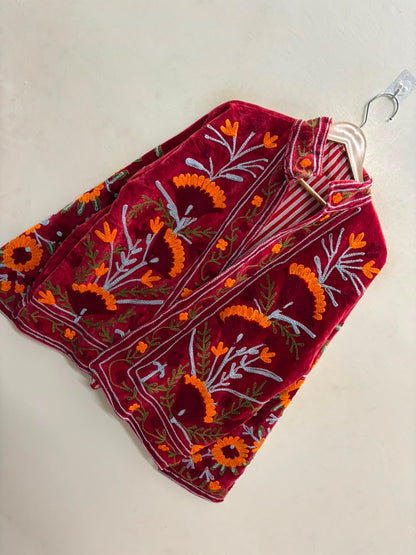 The Marigold Bagh — Suzani Embroidered Velvet Jacket — Deep Maroon with Marigold & Sky Blue Florals