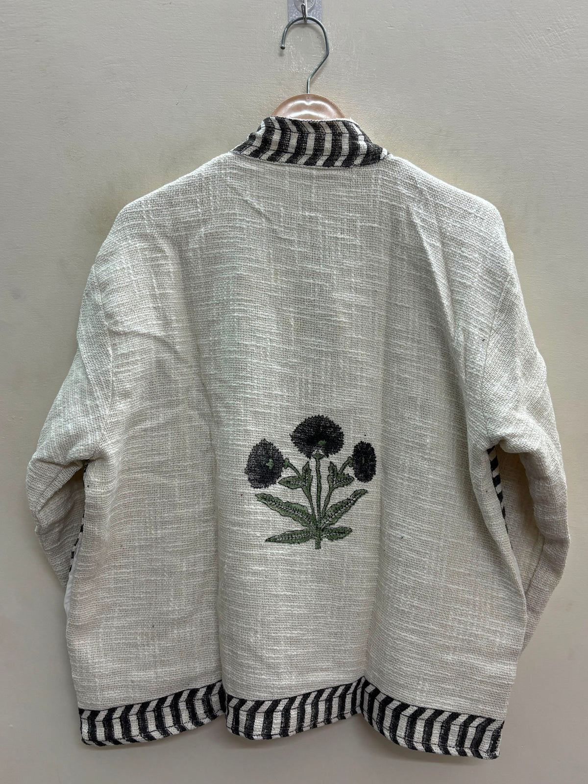 The Marigold Bloom — Hand Block-Printed Cotton Jacket — Undyed Ivory with Ebony Chevron Trim