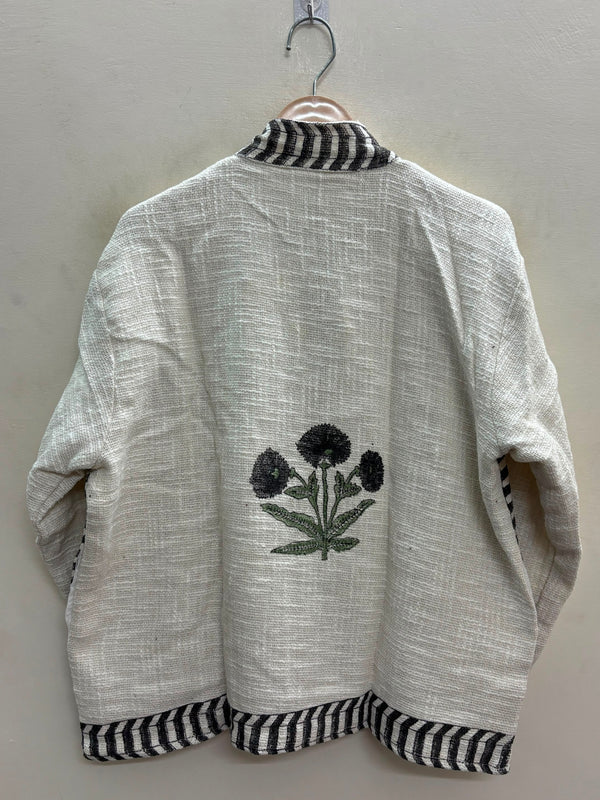 The Marigold Bloom — Hand Block-Printed Cotton Jacket — Undyed Ivory with Ebony Chevron Trim