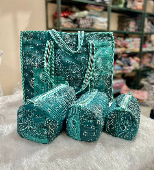 Set of teal patterned bags including a tote, two cylindrical pouches, and a smaller bag on a white surface  - Zoshak