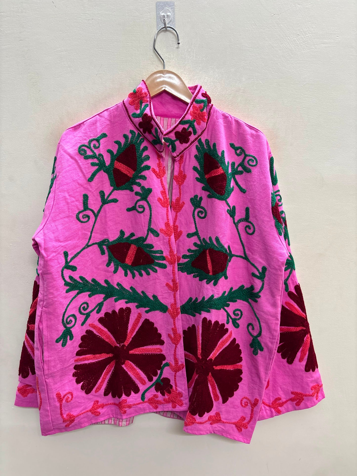 The Bibi Blossom — Suzani Hand-Embroidered Cotton Jacket — Fuchsia Pink with Maroon & Forest Green Florals