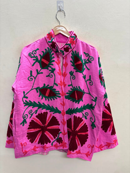 The Bibi Blossom — Suzani Hand-Embroidered Cotton Jacket — Fuchsia Pink with Maroon & Forest Green Florals