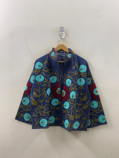 The Indigo Bloom — Hand-Embroidered Waffle Cotton Jacket - Default Title - Zoshak