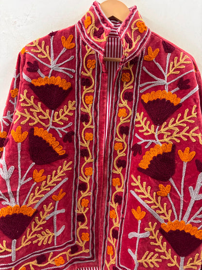 The Marigold Bloom — Suzani Embroidered Velvet Jacket — Rosewood Red with Amber & Burgundy Florals
