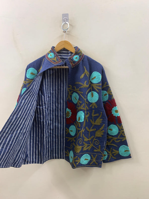 The Indigo Bloom — Hand-Embroidered Waffle Cotton Jacket - Default Title - Zoshak