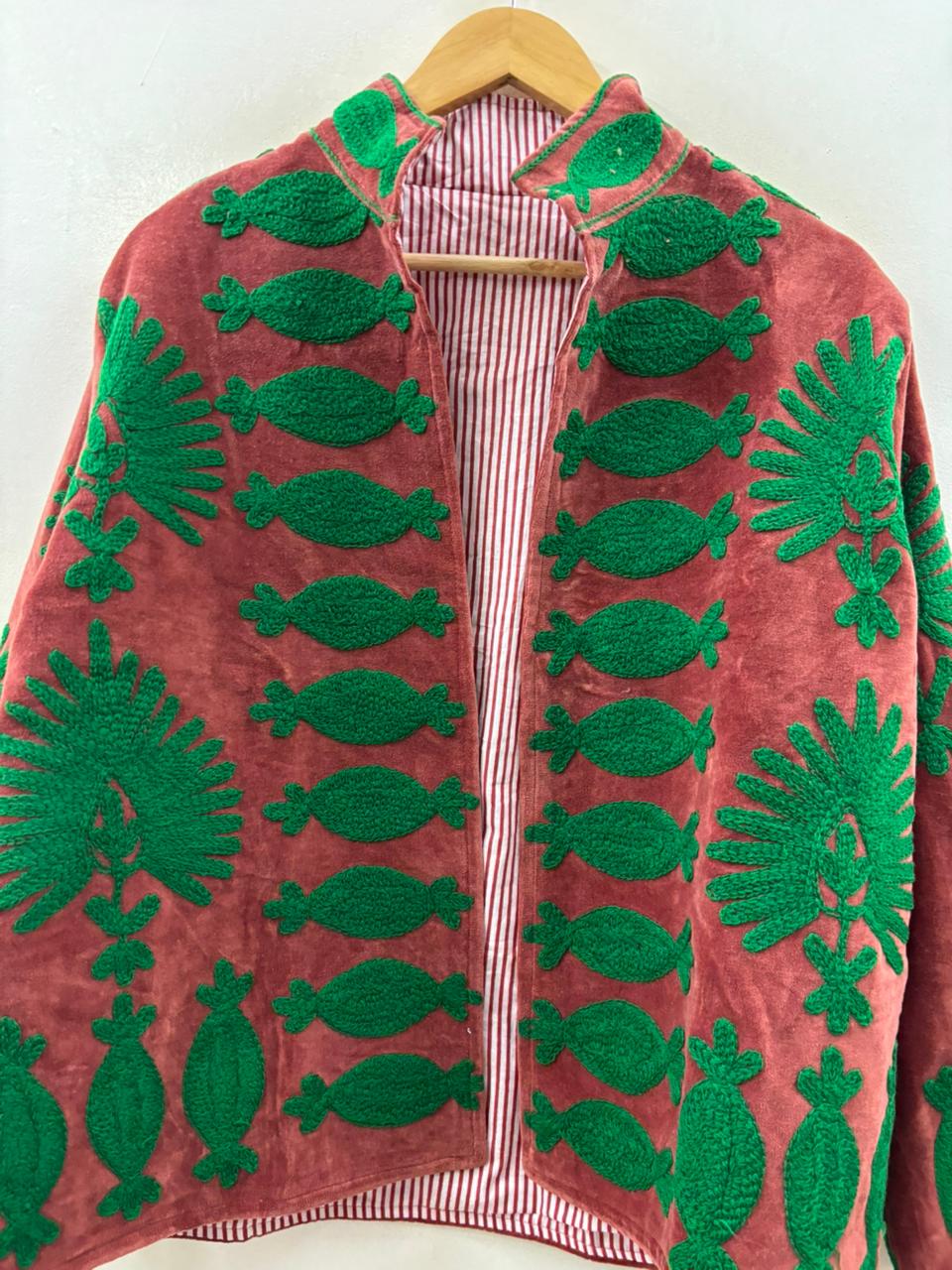 The Melon Garden — Suzani Hand-Embroidered Velvet Jacket — Terracotta & Forest Green - Default Title - Zoshak Jacket
