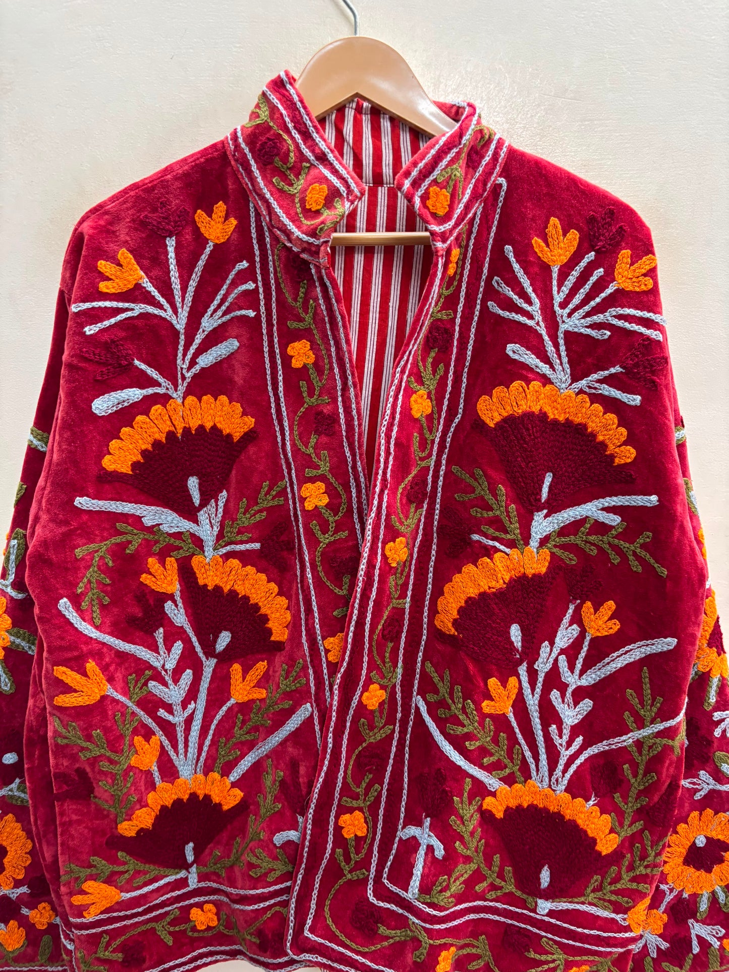 The Marigold Bagh — Suzani Embroidered Velvet Jacket — Deep Maroon with Marigold & Sky Blue Florals